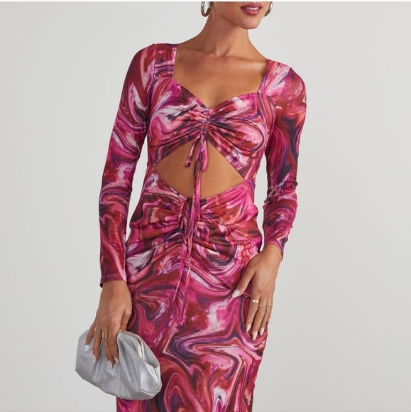 NWT VICI x ACOA Marble Print Mesh Cutout Midi Dress Red Pink Small - Picture 3 of 12